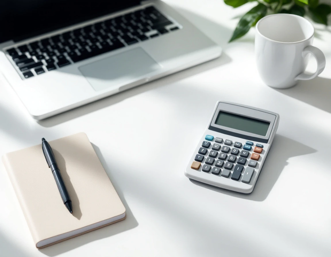 Clean calculator on minimalist desk workspace with closed notebook and coffee mug