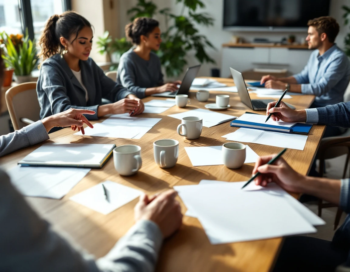 Business team collaborating around conference table with documents and laptops during strategy meeting