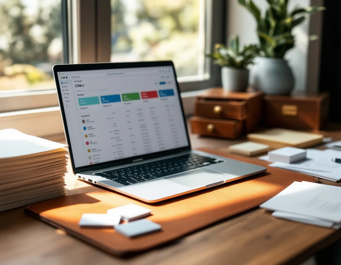 Organized desk workspace with laptop CRM system, file folders, and business cards for prospect tracking