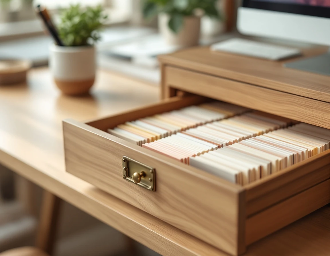 Organized card catalog drawer system on wooden desk with dividers and office supplies