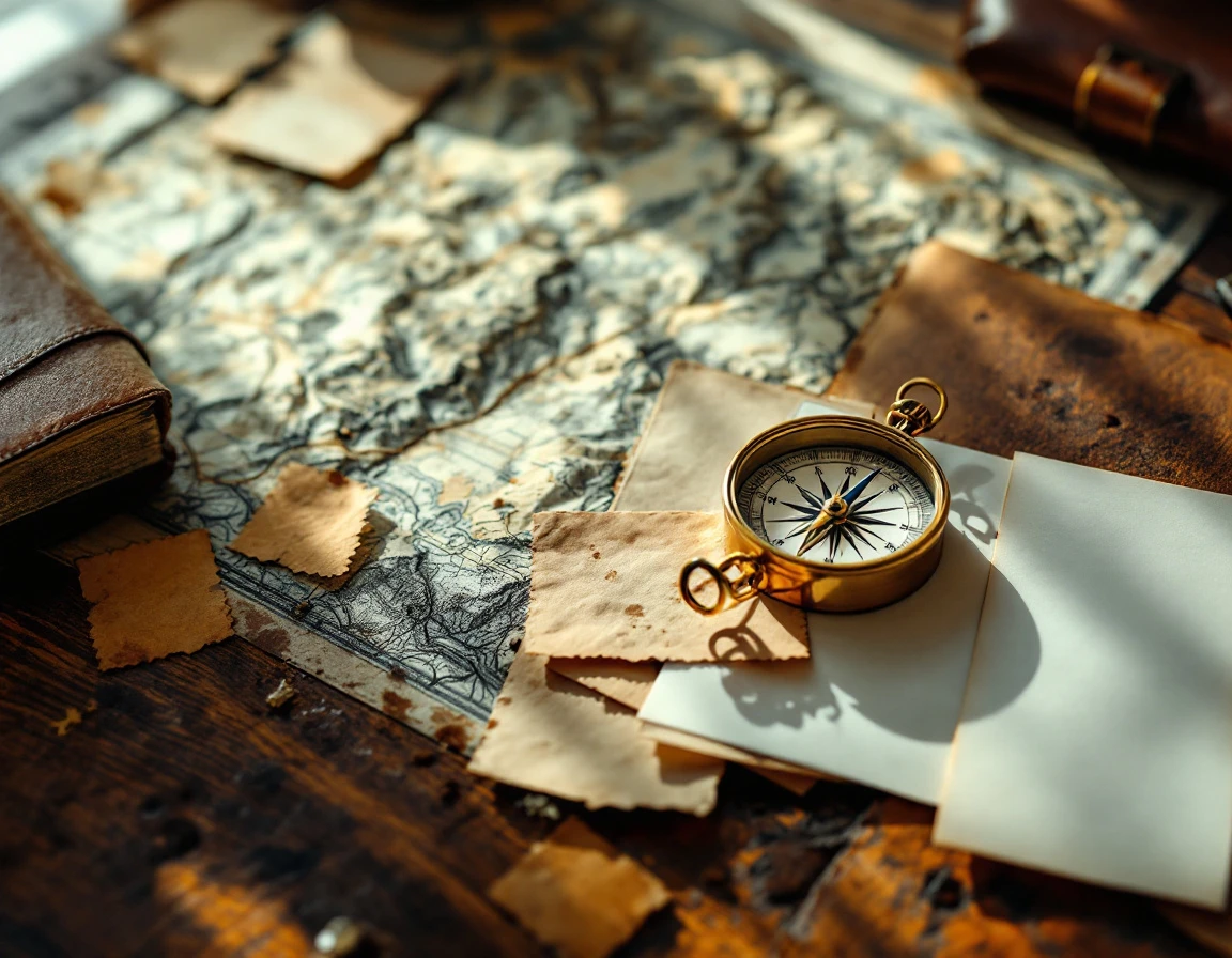 Brass compass and topographical map on oak desk with blank planning materials and fountain pen