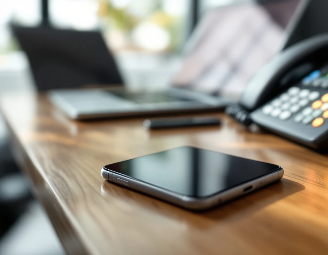Multiple communication devices arranged on desk showing coordinated outreach channels