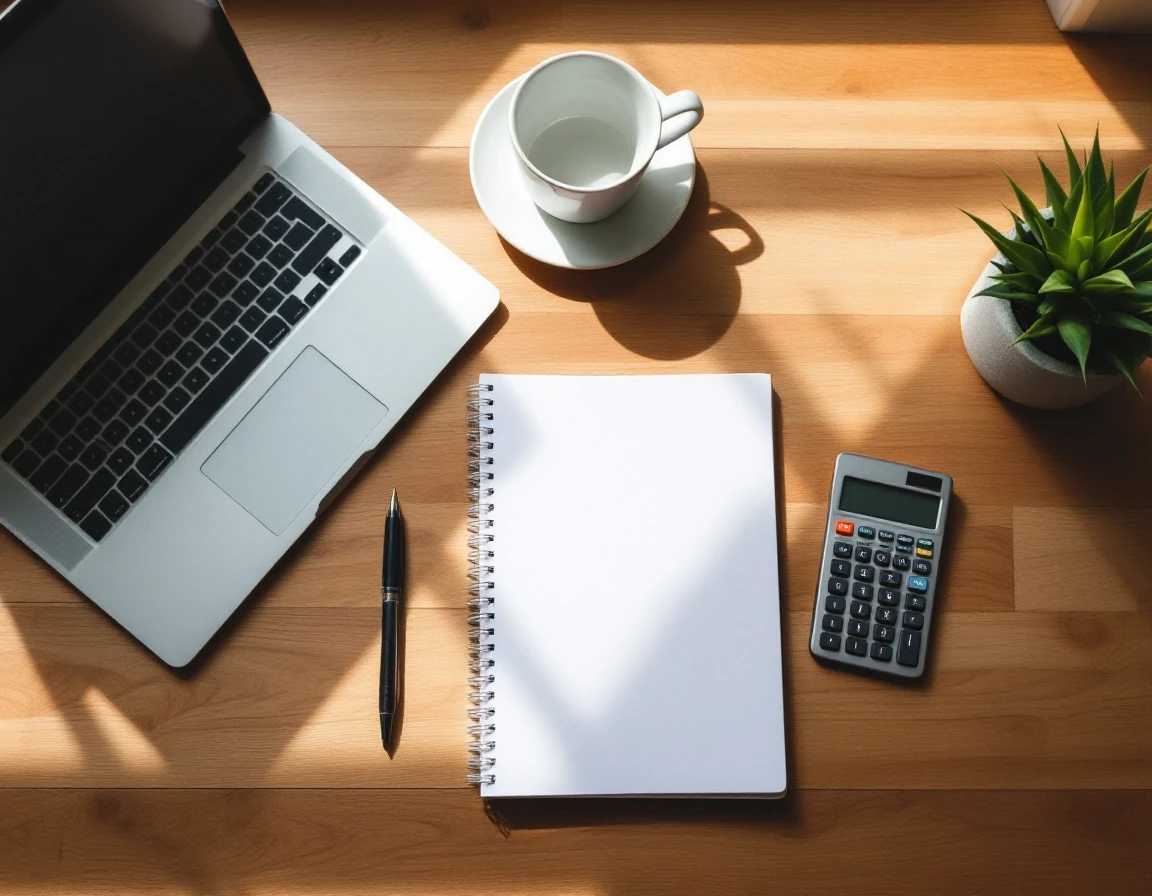 Organized workspace with laptop, calculator, coffee cup, and planning tools on natural wood desk