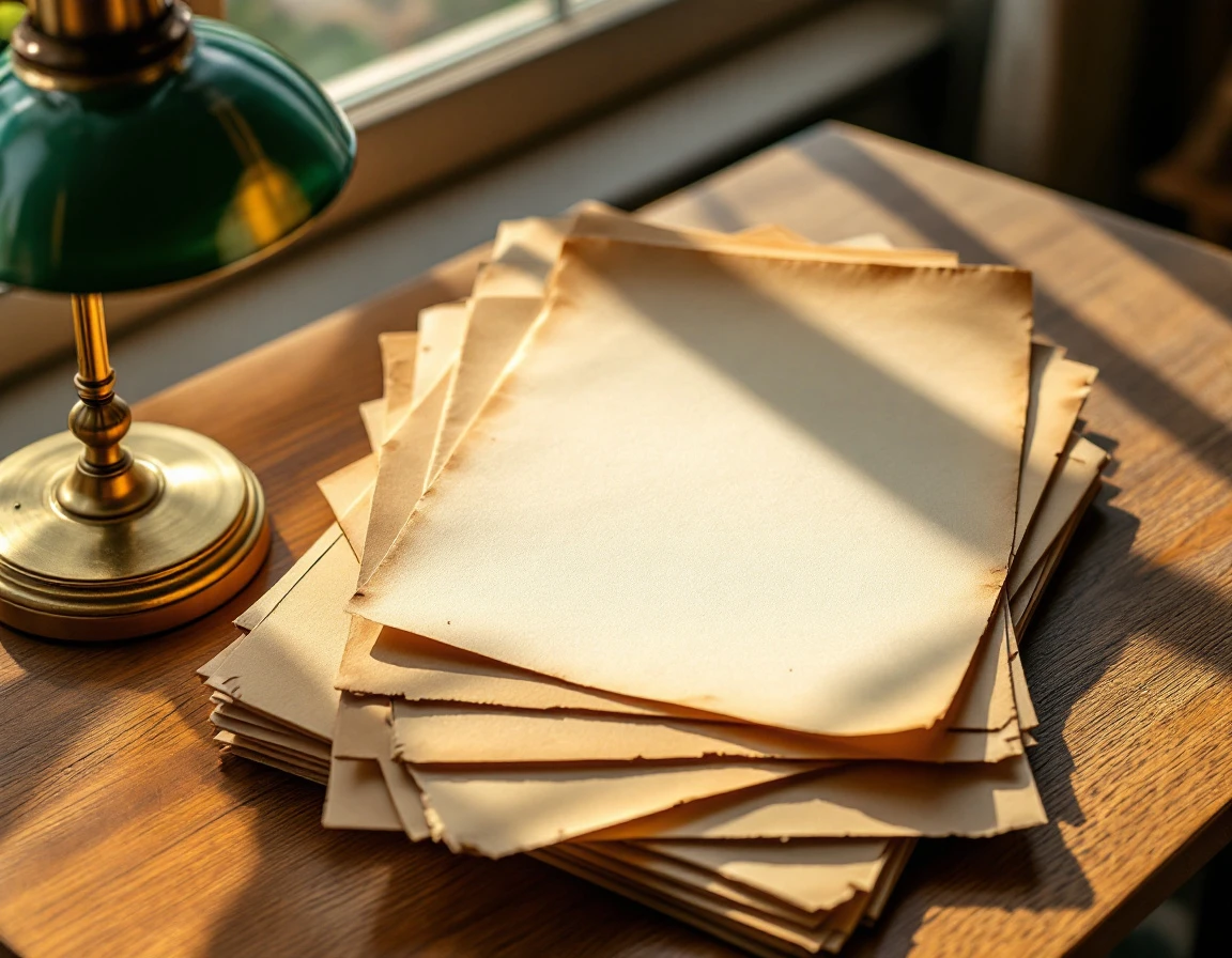Stack of unmarked paper folders on wooden desk with warm desk lamp and window lighting