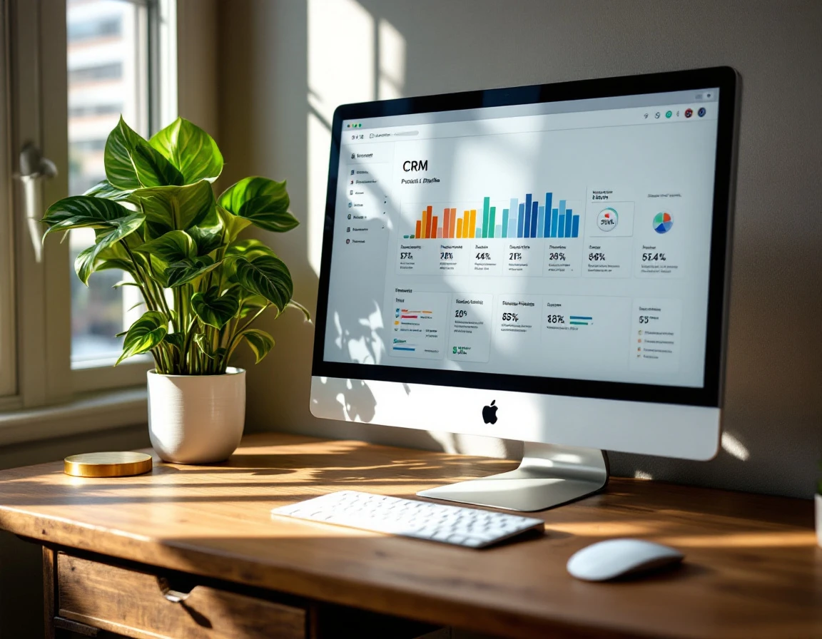 Modern office desk with CRM dashboard visible on monitor and organized workspace setup