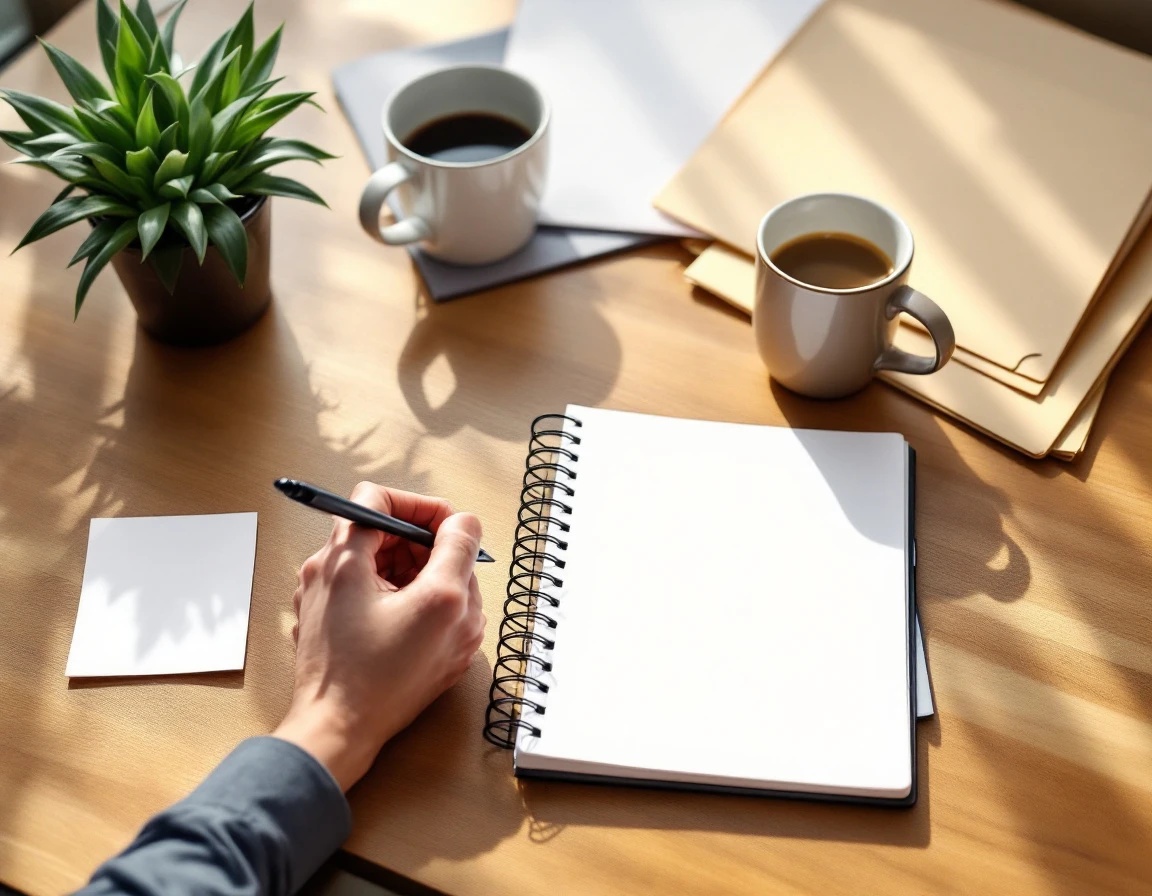 Hands writing in blank notebook on wooden desk with coffee and folders for commercial prospecting planning
