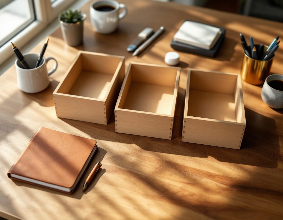 Organized wooden desk with storage boxes, notebook, and coffee mug in natural window light