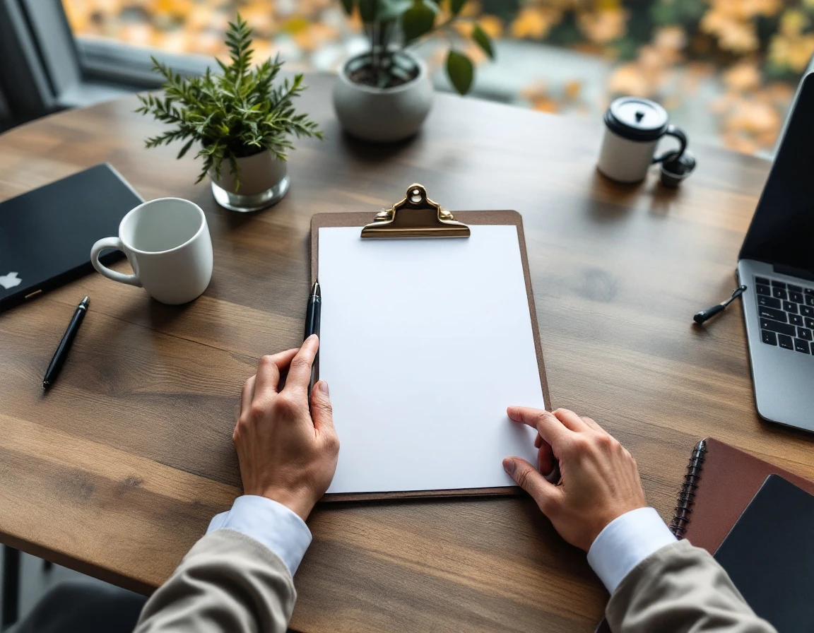 Blank clipboard on office desk with professional workspace elements and autumn window light
