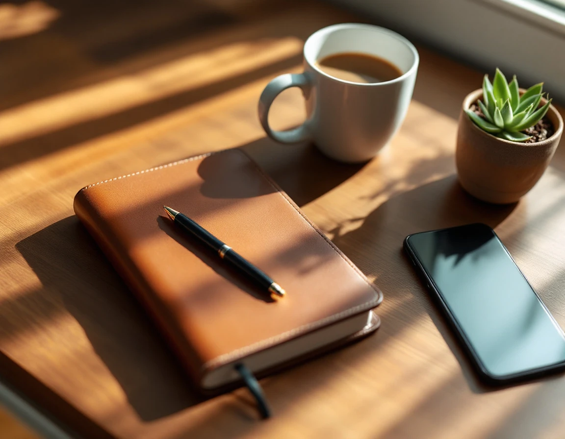 Organized desk workspace with closed journal, coffee, phone, and succulent in warm natural light