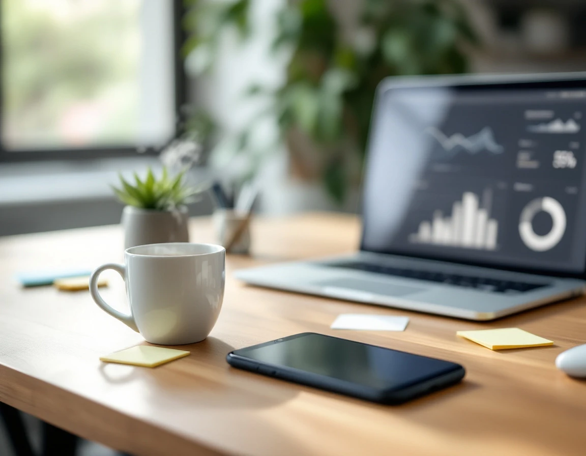 Professional desk workspace with coffee, phone, and notes beside softly blurred laptop in modern office setting