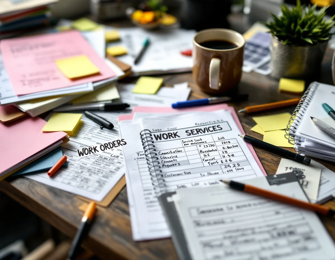 Dispatcher desk covered with handwritten service tickets, notepads, and scattered paperwork before CRM automation