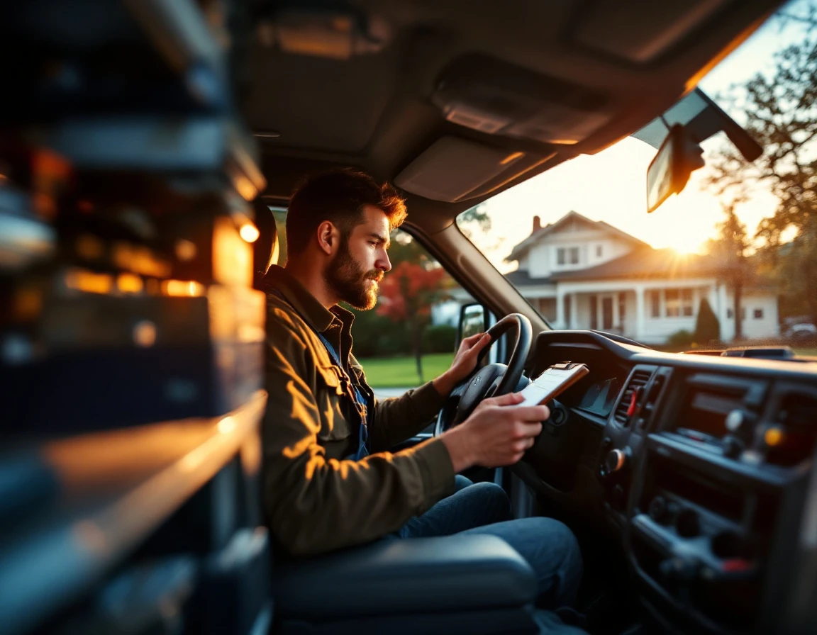 Service van interior with organized tools and equipment at dawn before first job