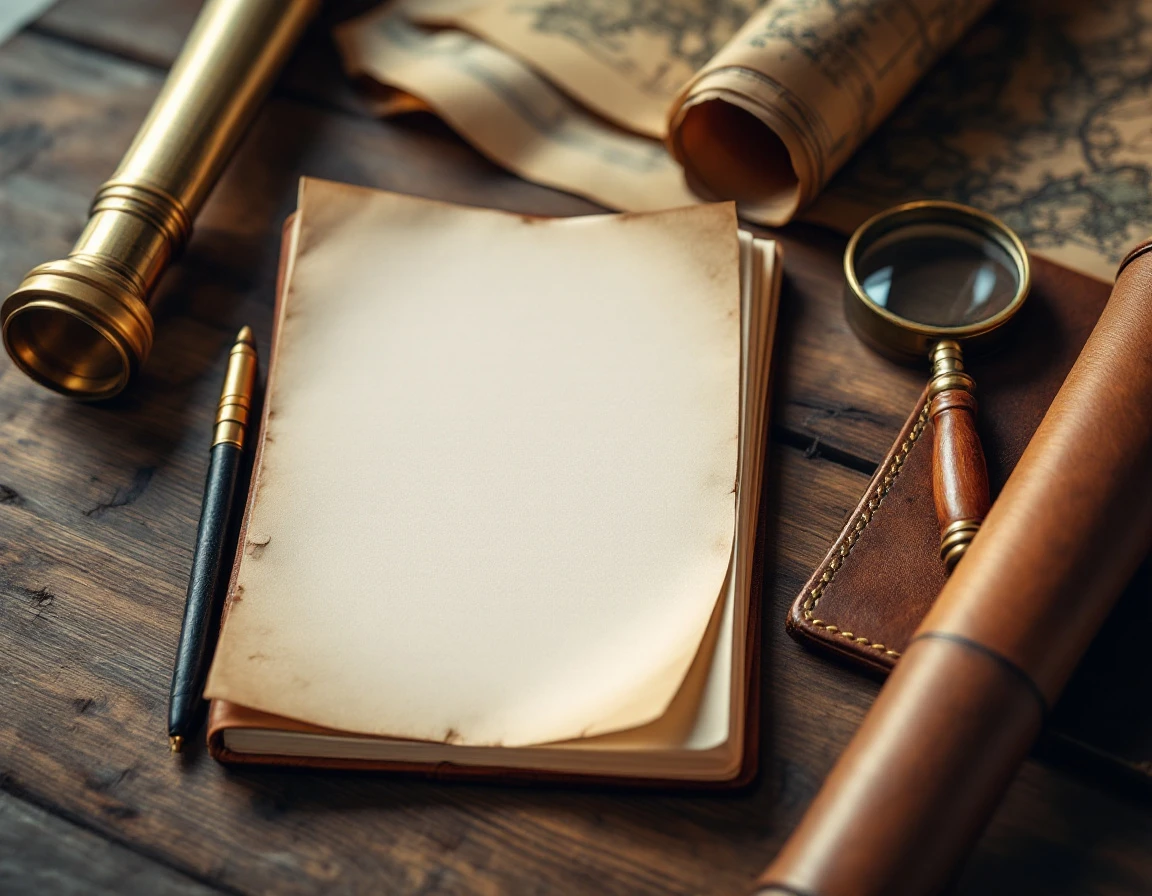 Vintage navigation tools and leather journal arranged on aged wood surface suggesting strategic business planning