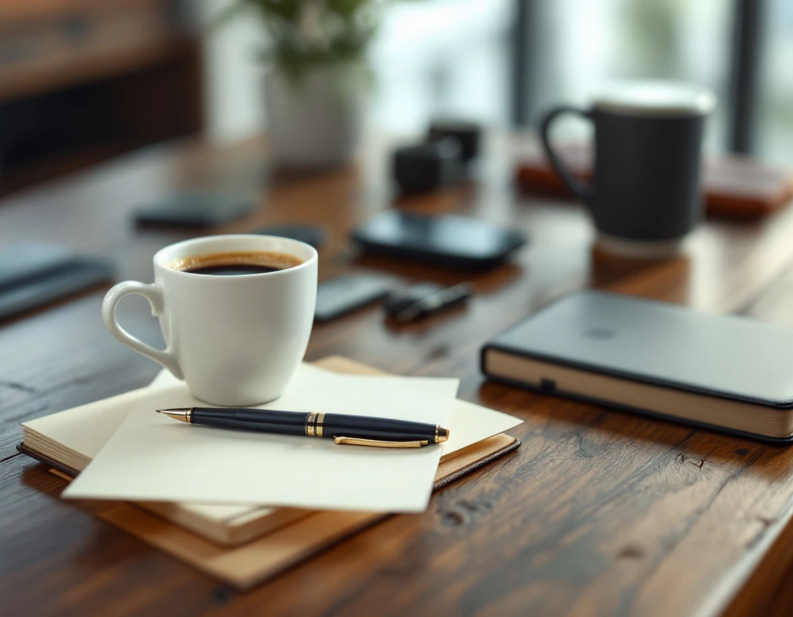 Clean business desk with coffee, pen, and leather accessories in natural office lighting