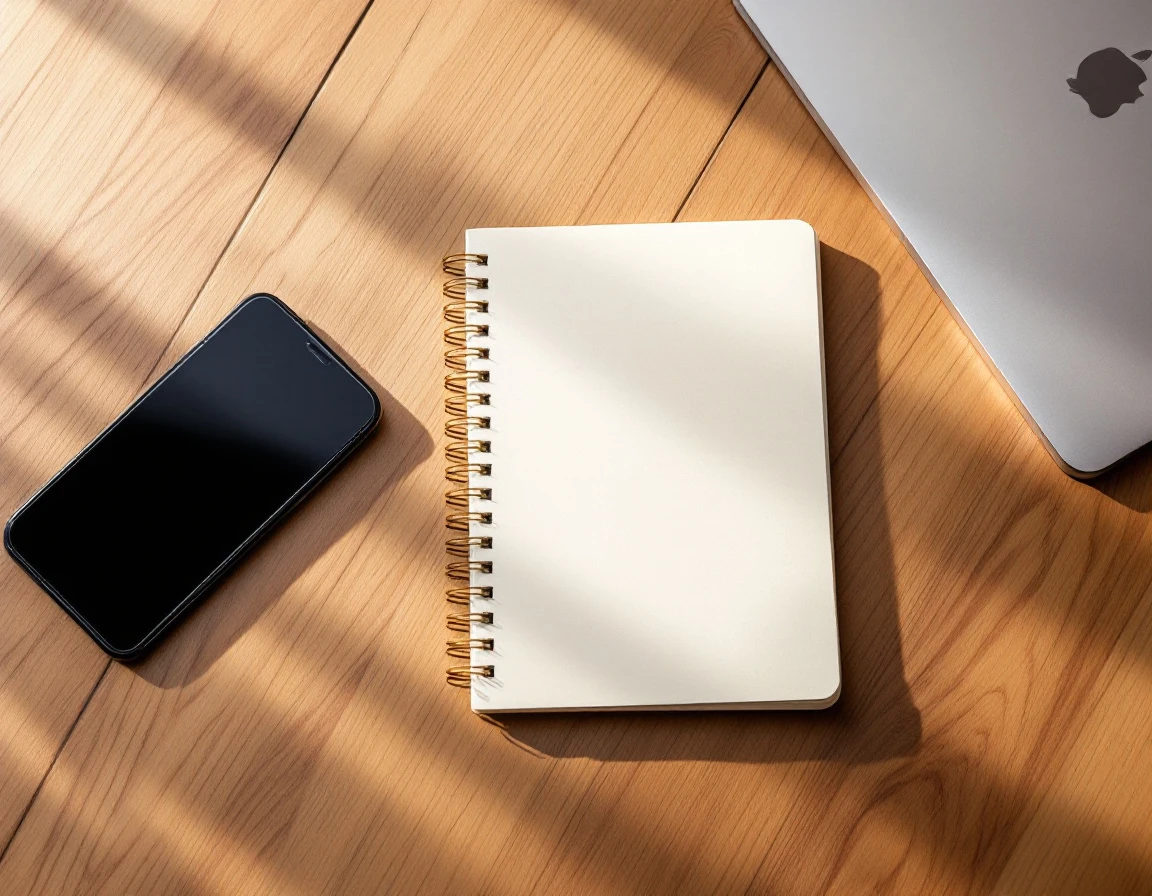 Overhead view of organized workspace with notebook, smartphone, and laptop on wooden desk with natural lighting