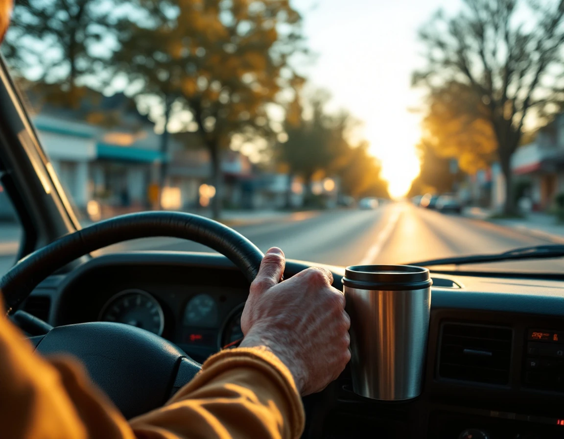 Service vehicle interior at dawn showing driver's hand on steering wheel, residential street ahead