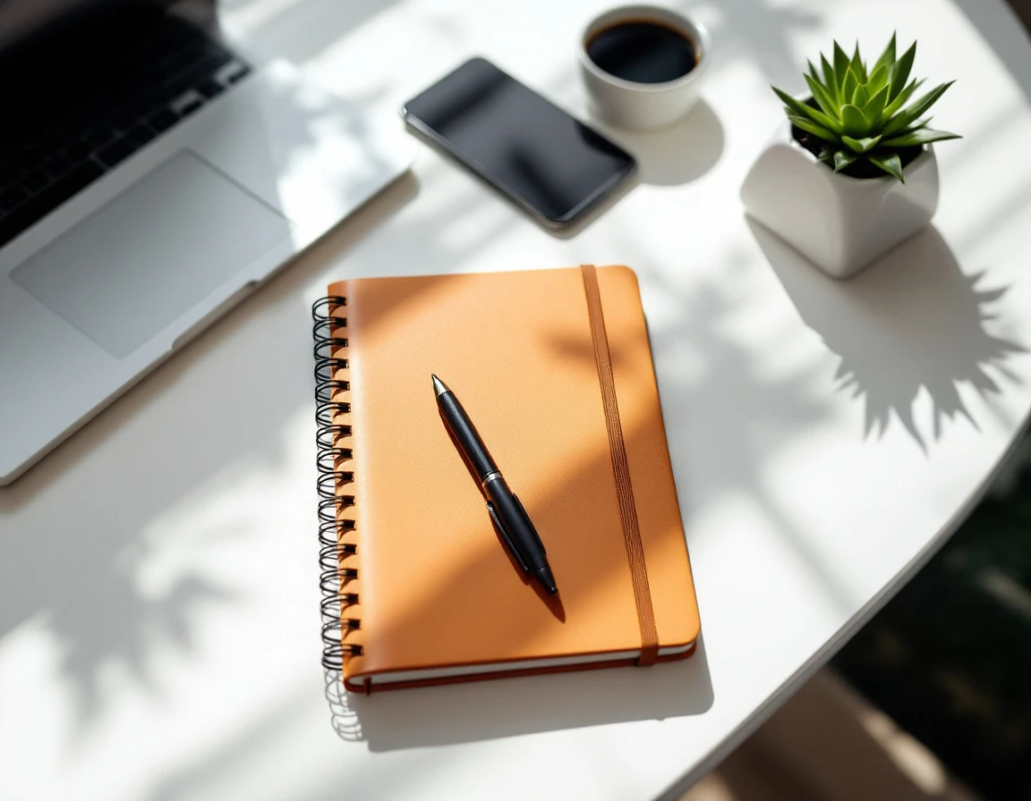Minimalist desk workspace with laptop, phone, leather notebook, and succulent plant in natural morning light
