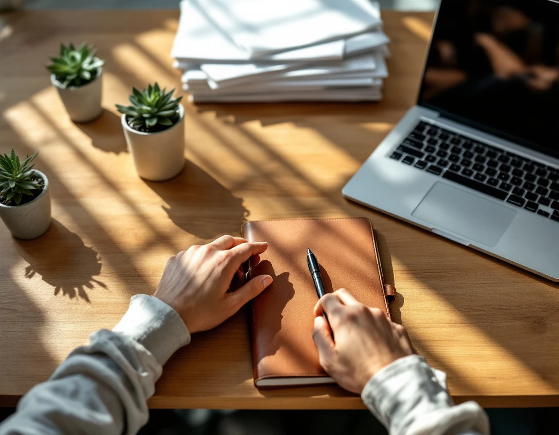 Overhead view of organized sales workspace with closed notebook, coffee, and plant on wooden desk