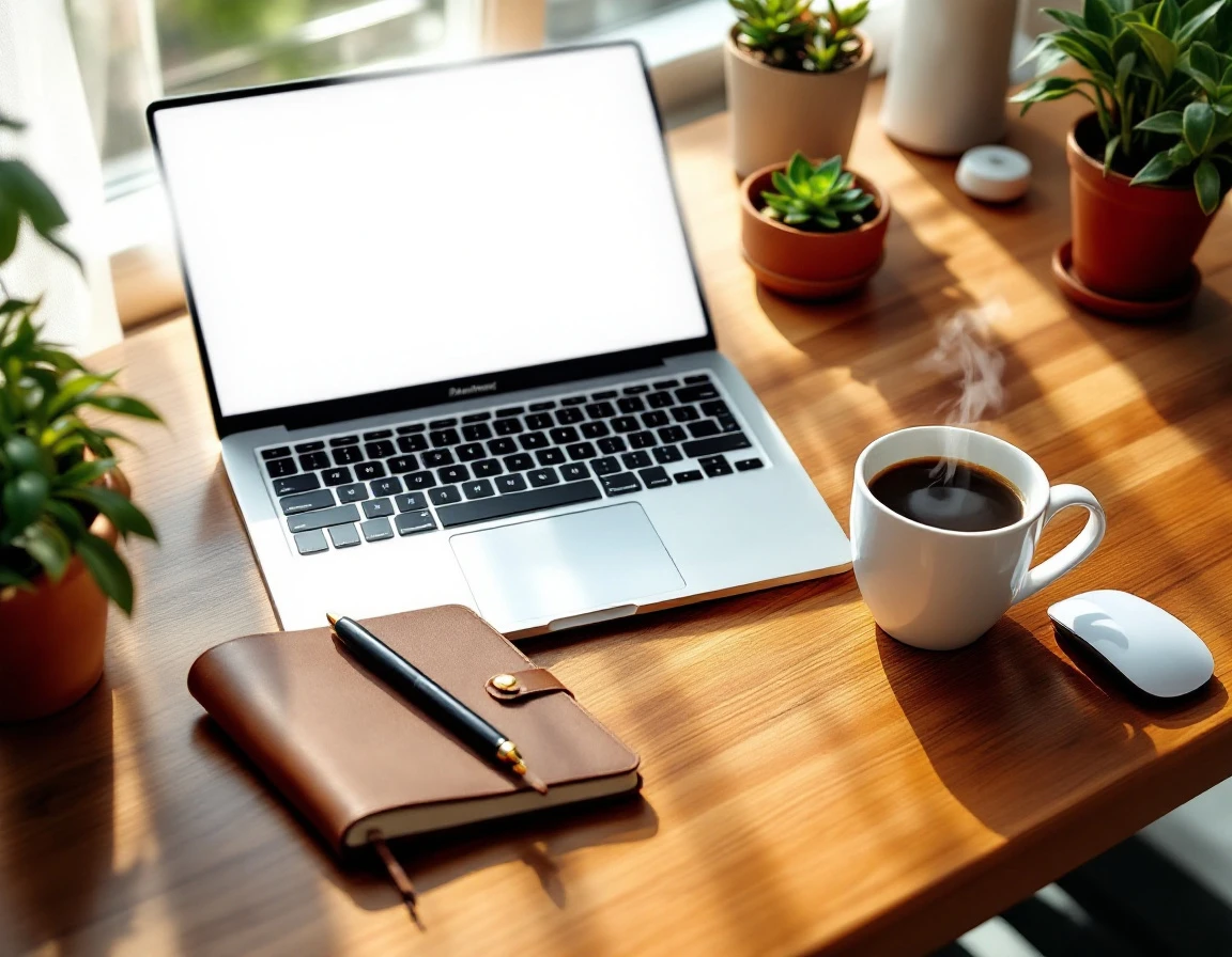 Overhead view of workspace with laptop, notebook, and coffee during morning planning session