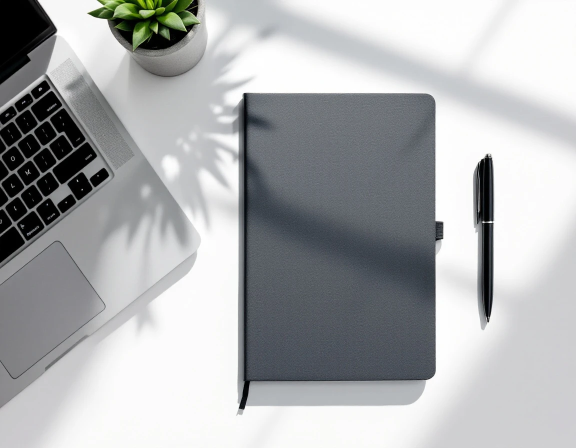 Clean desk workspace with blank notebook, smartphone, and minimal office supplies arranged on white surface