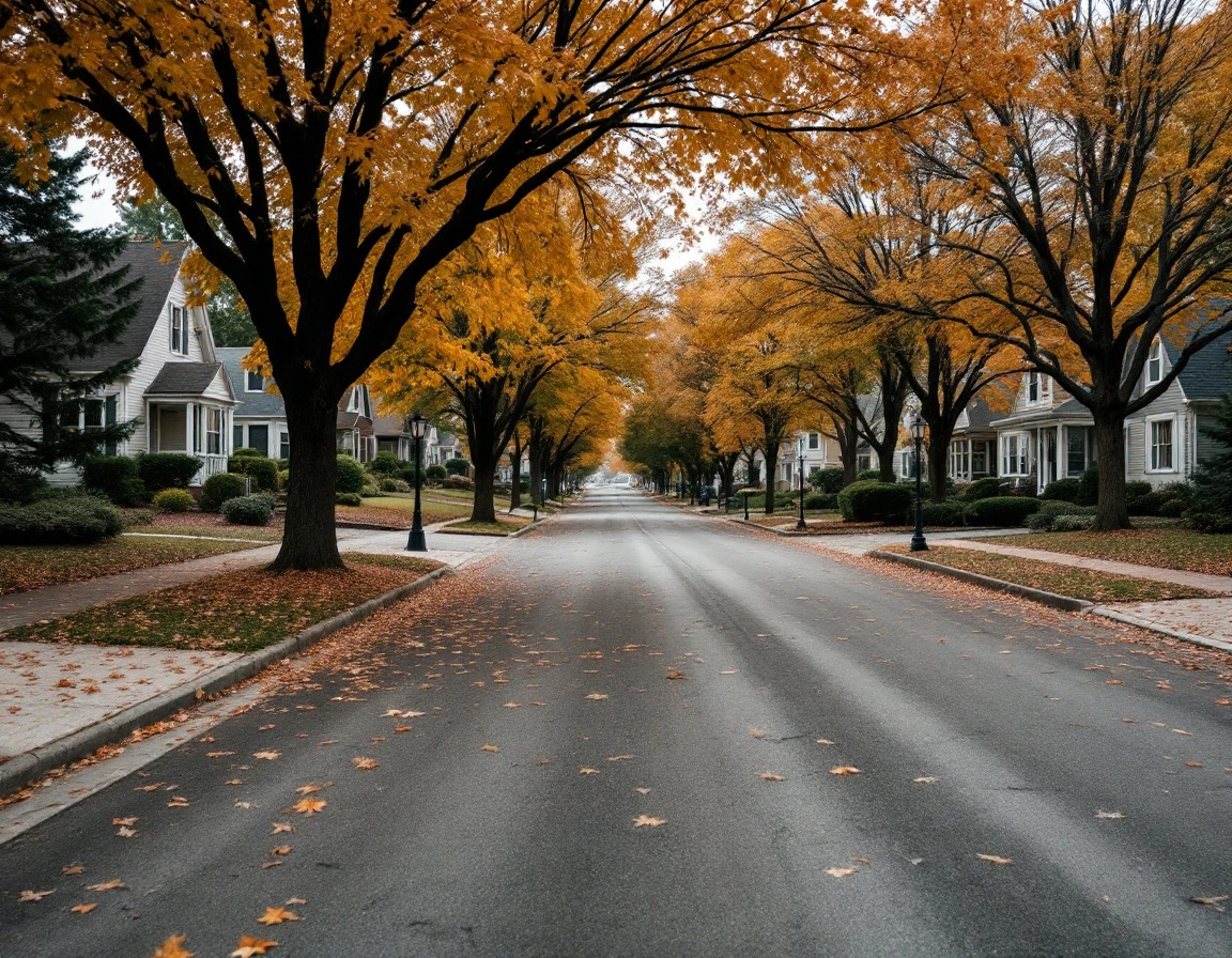 Quiet suburban street in late autumn with mature trees and modest homes lining both sides of empty pavement