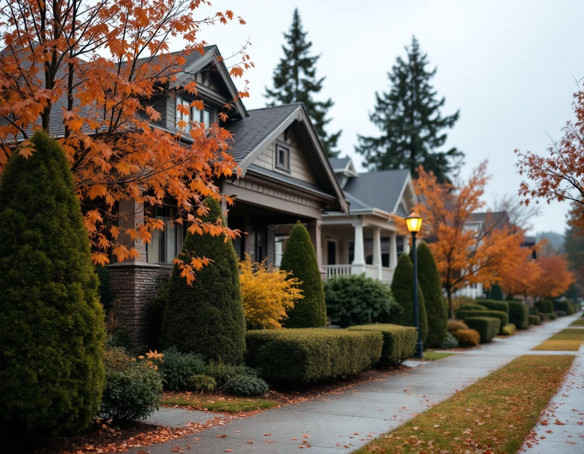 Residential street showing seasonal home maintenance patterns in a craftsman neighborhood during late autumn