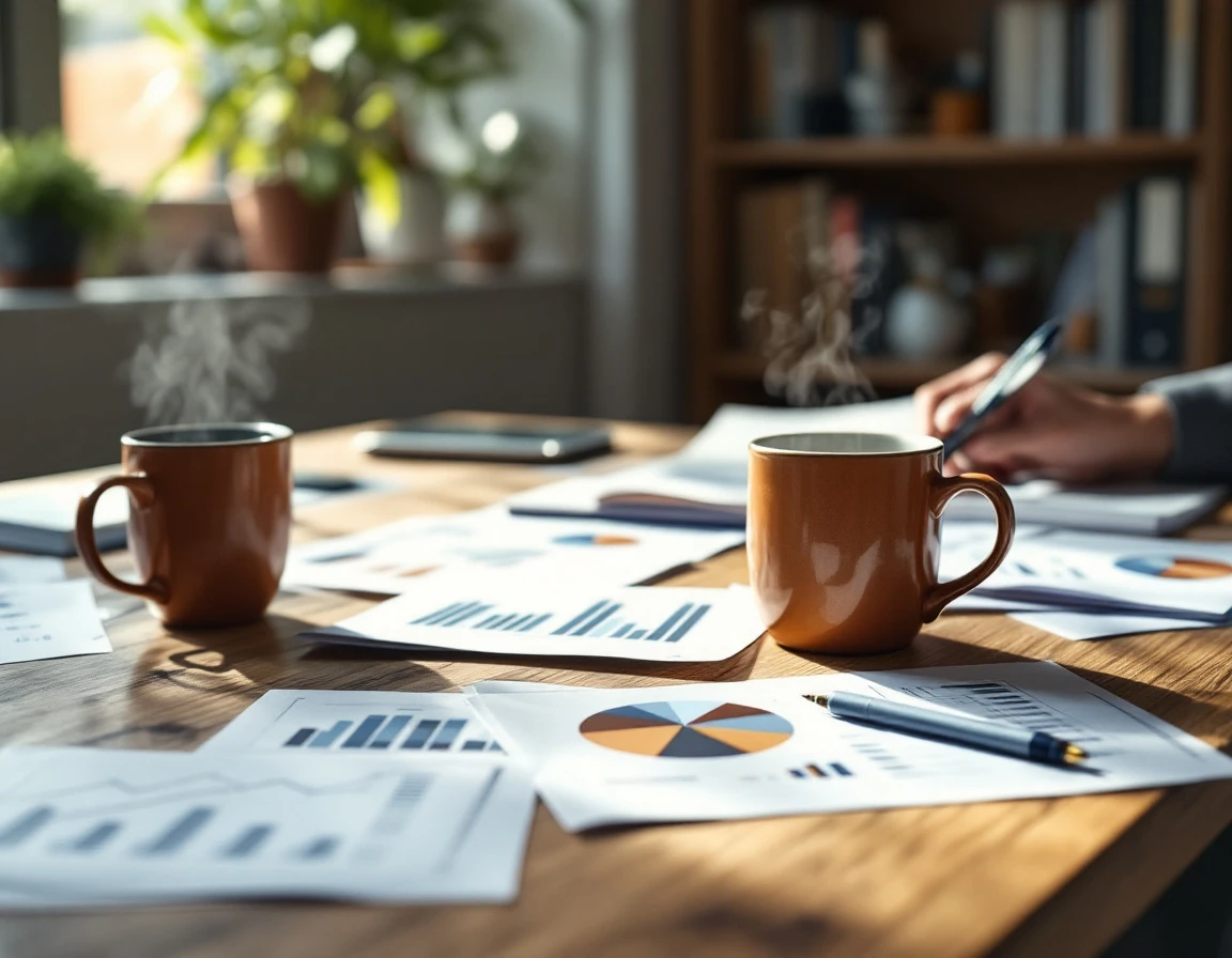 Printed analytics reports and coffee mug on wooden desk with natural window lighting