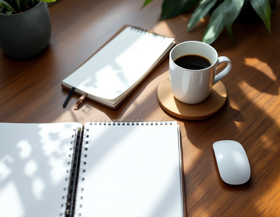 Clean desk workspace with coffee mug and blank notebooks in natural morning light