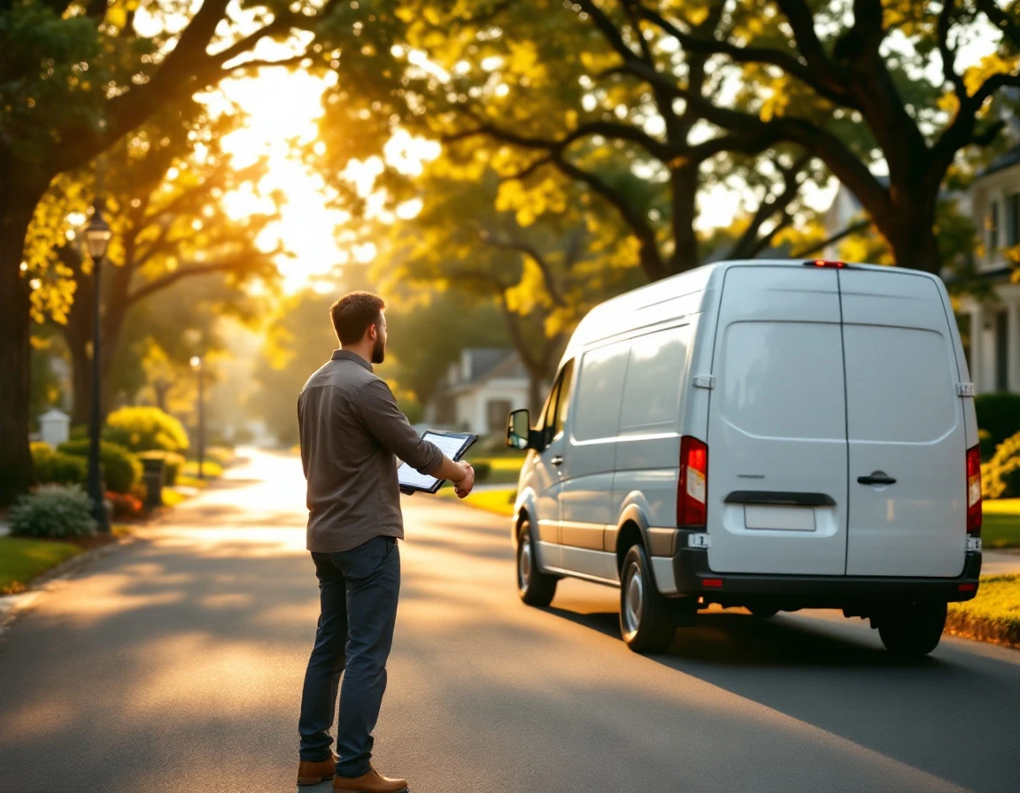 Service professional and homeowner shaking hands beside unmarked van in residential neighborhood