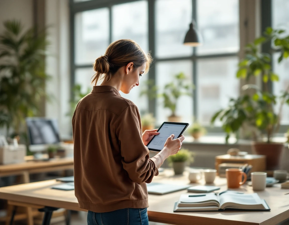 Business owner reviewing digital content in modern commercial office with natural lighting