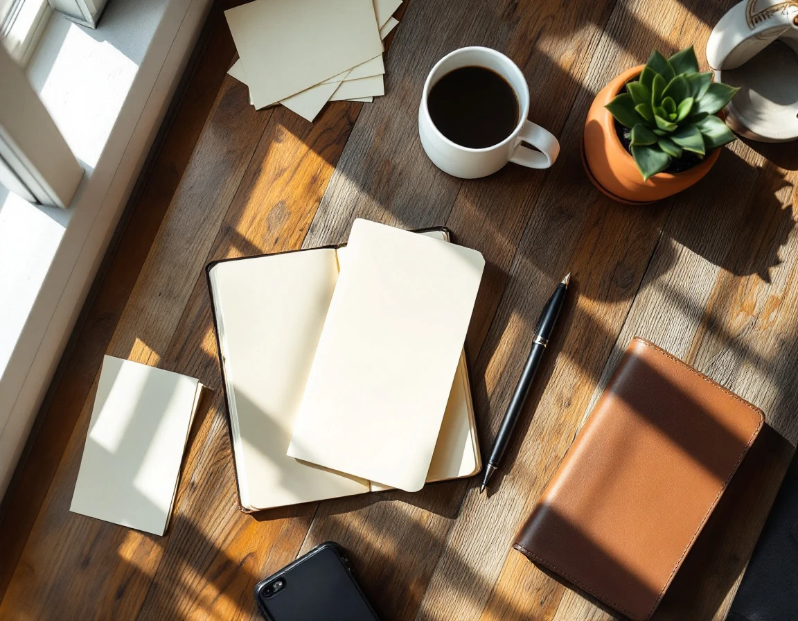 Overhead view of blank notebook and planning materials on oak desk with natural morning light
