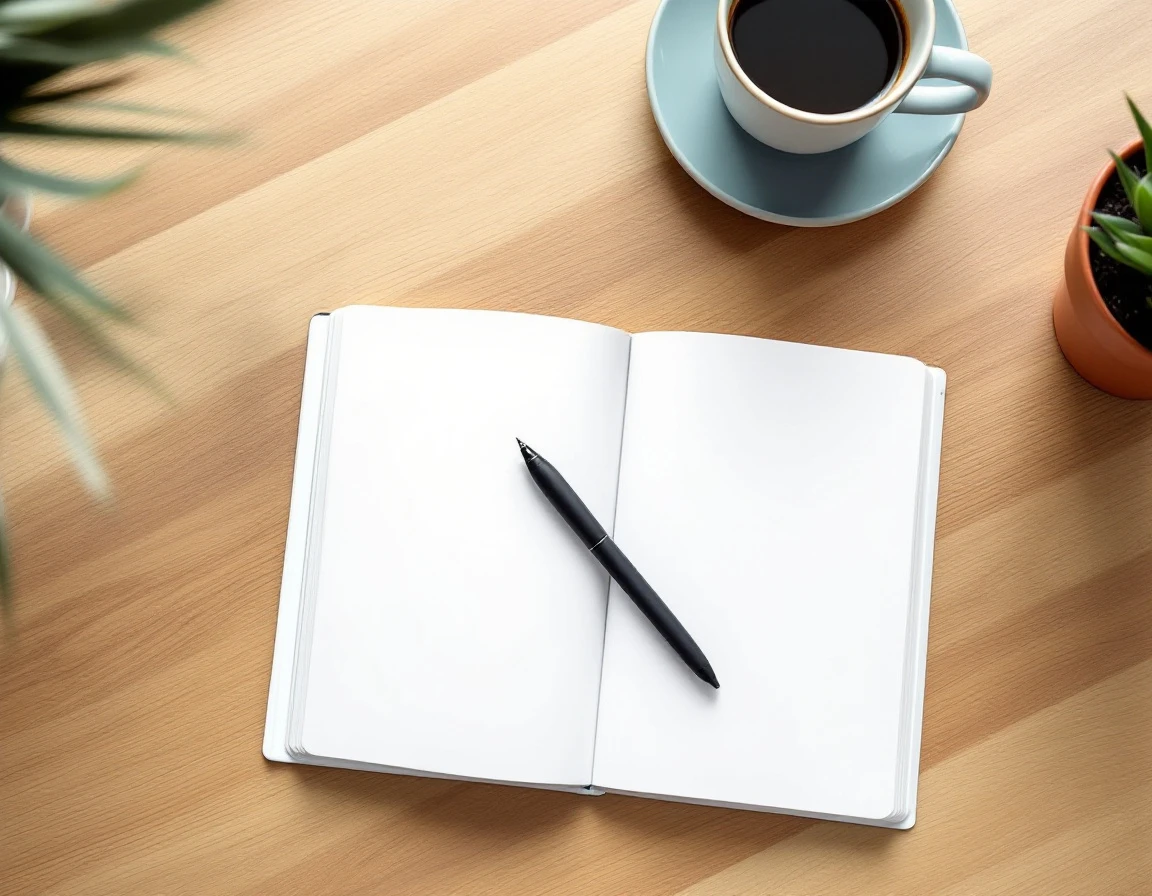 Clean desk workspace with blank notebook, pen, coffee cup, and small plant on natural wood surface