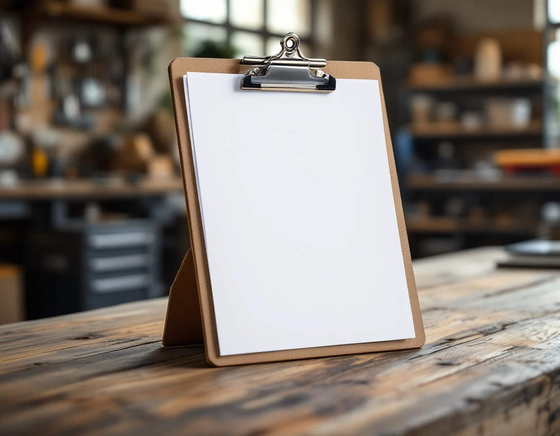 Blank clipboard on wooden workbench in service business workshop with natural lighting