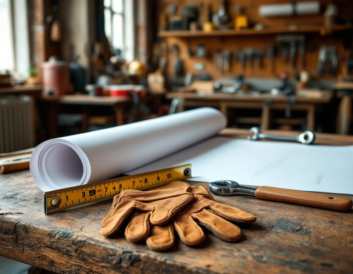 Organized trades workspace with leather gloves, measuring tools, and rolled plans on weathered workbench