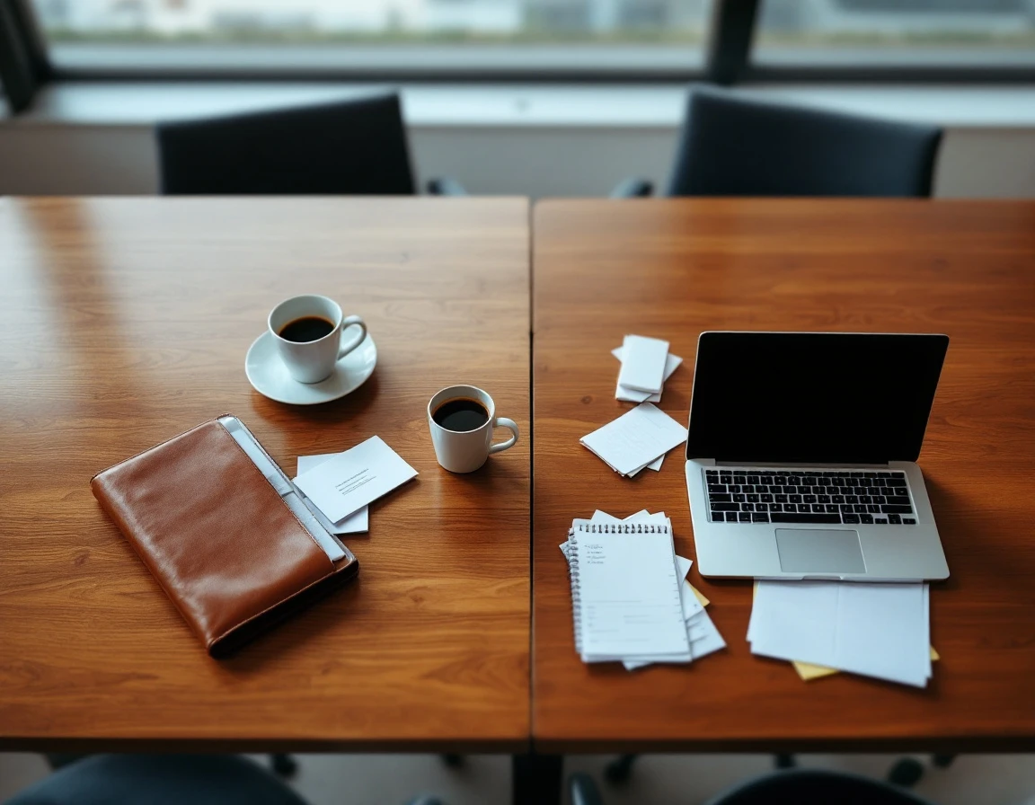 Divided office desk workspace showing physical separation between sales and marketing areas