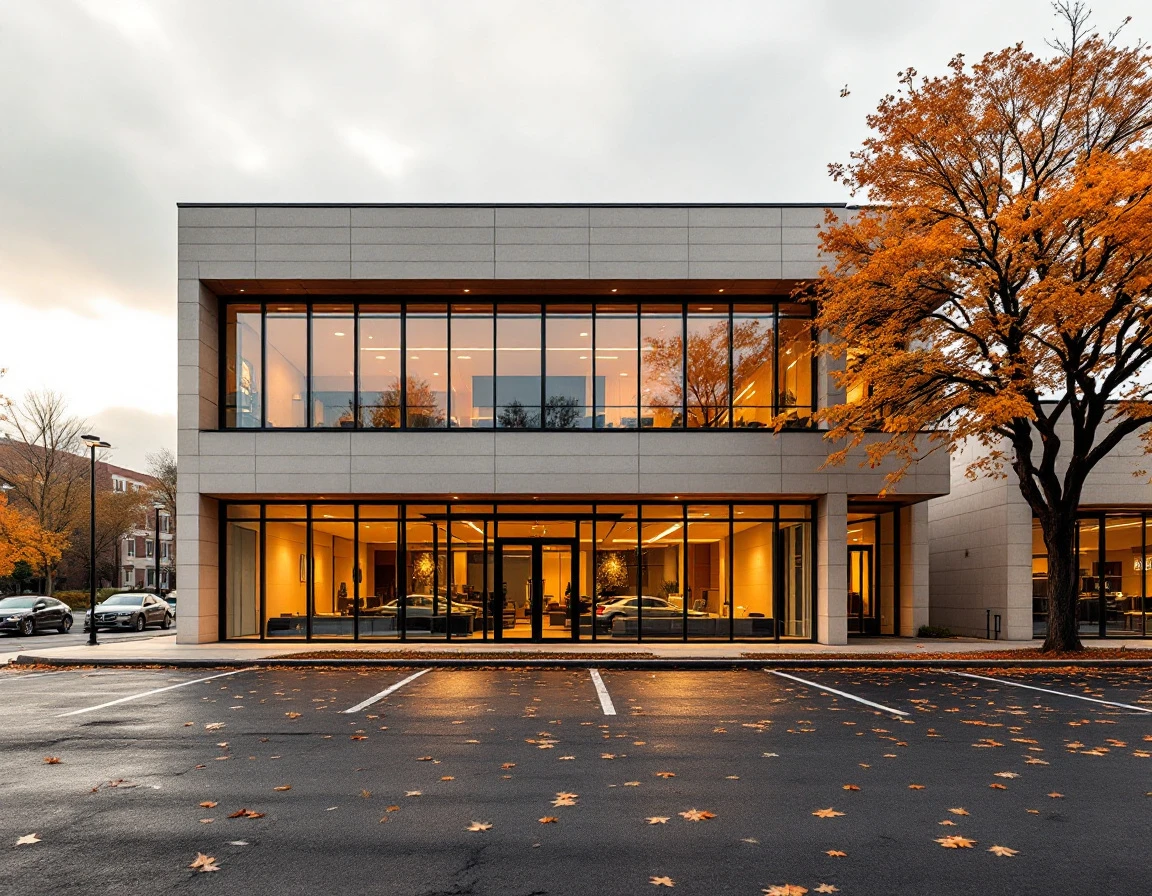 Modern commercial building with glass facade and empty parking lot during autumn season