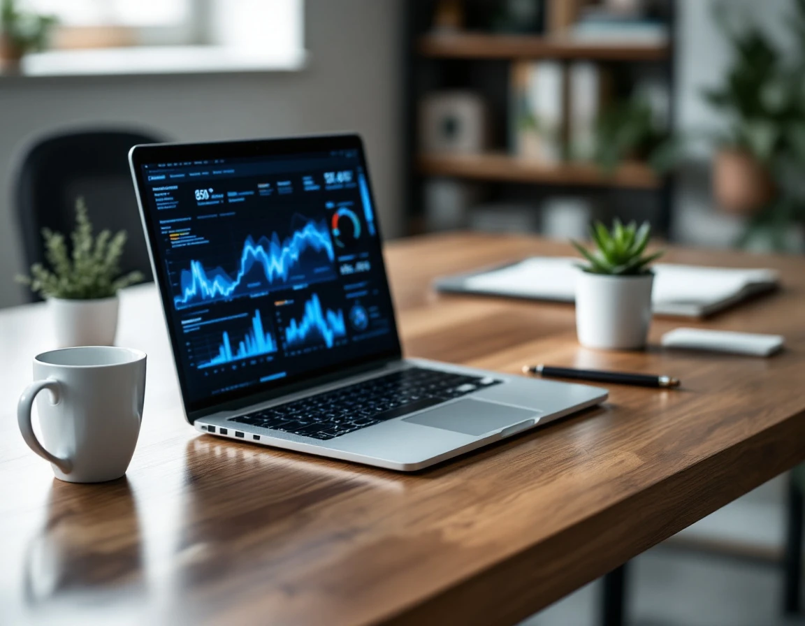 Organized office desk with laptop displaying abstract analytics and minimal workspace items