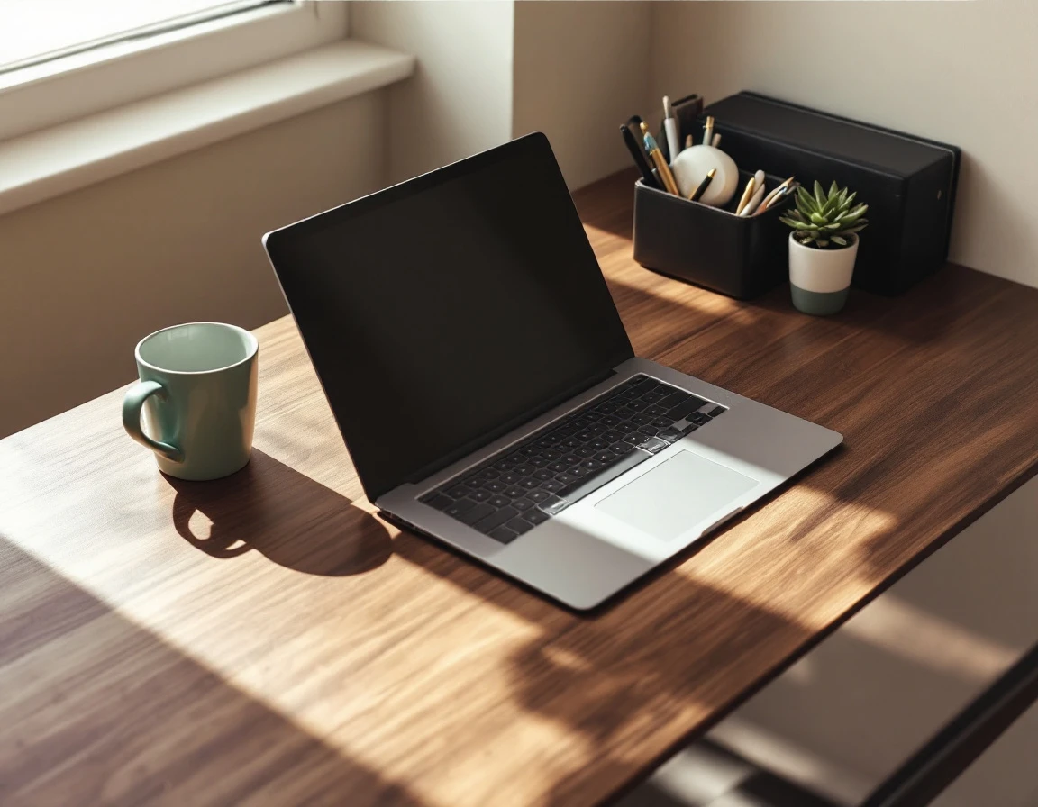 Organized desk workspace with closed laptop, coffee, plant, and notebook ready for strategic planning