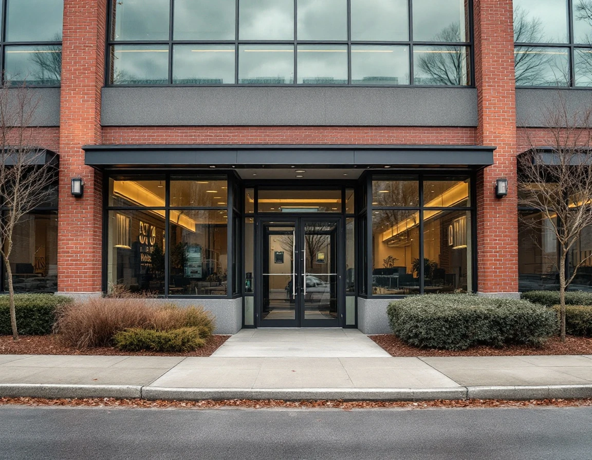 Commercial office building entrance with glass doors and brick facade on an overcast day