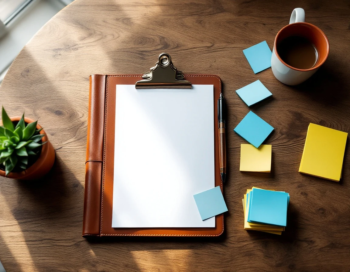 Organized desk workspace with blank notebook, clipboard, and sticky notes in natural morning light