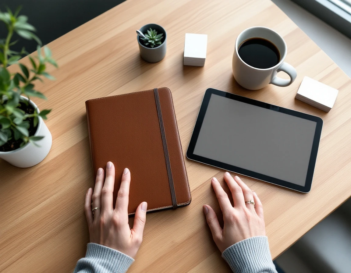Organized desk with closed planner, coffee mug, and tablet showing CRM software in professional dispatch office