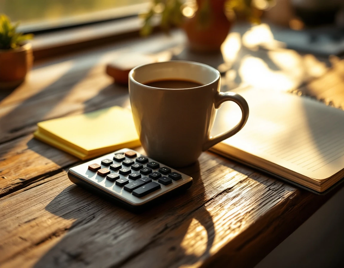 Wooden desk with ceramic coffee cup, blank notes, and calculator in dispatch office during golden hour