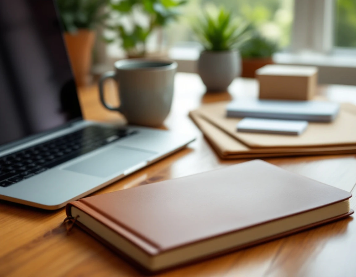 Professional desk workspace with closed notebook, laptop, and organized research materials in natural light