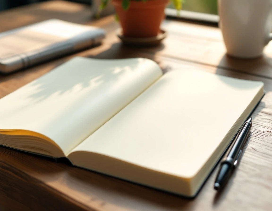 Blank open notebook on wooden desk with pen, coffee cup, and small plant in natural window light