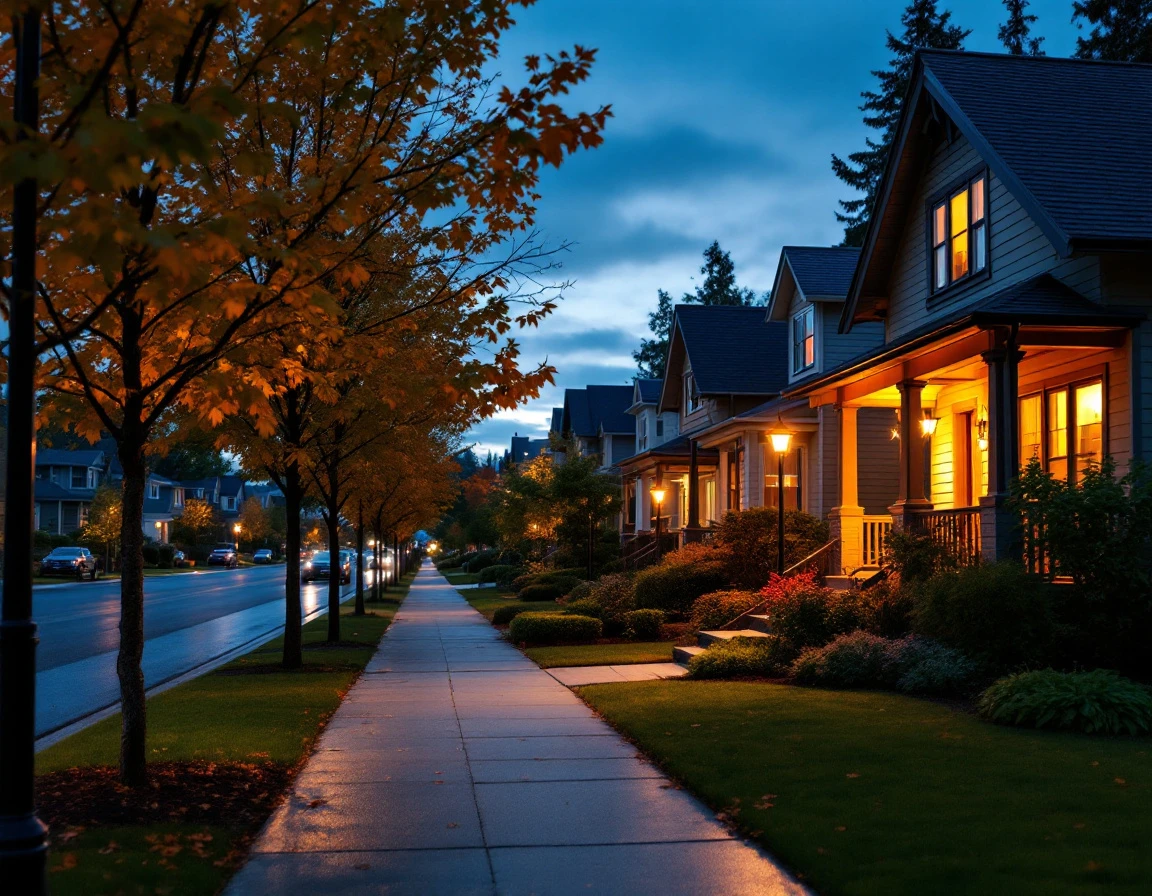 Residential street at dusk showing homes with varying levels of activity and illumination