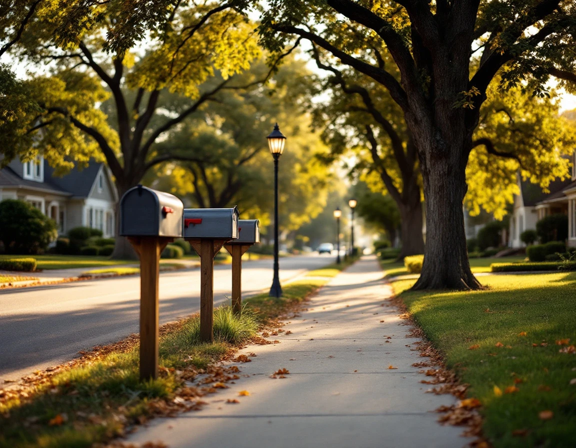 Quiet residential street with mailboxes along tree-lined sidewalk in established neighborhood during golden hour