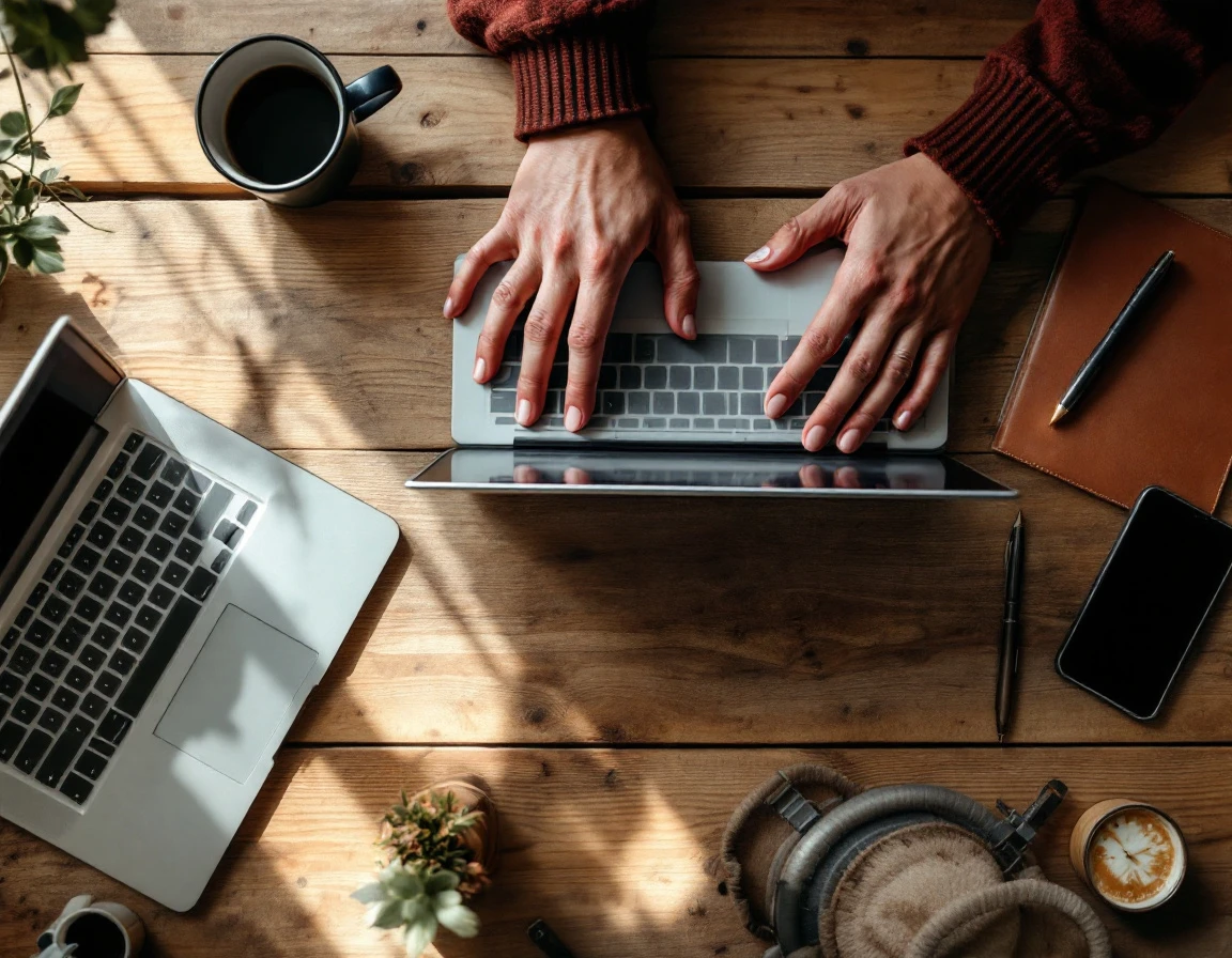 Overhead view of hands working at desk with laptop, coffee, and phone in natural office environment