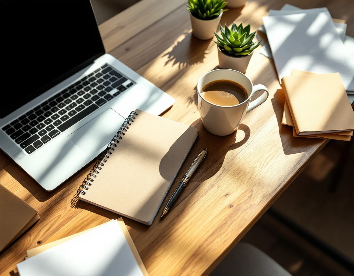 Organized wooden desk workspace with closed notebook, coffee, laptop, and documents ready for CRM review