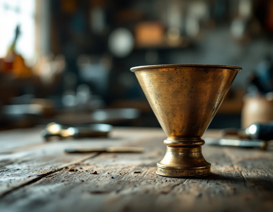 Vintage brass funnel with patina on wooden workbench showing wear and craftsmanship detail