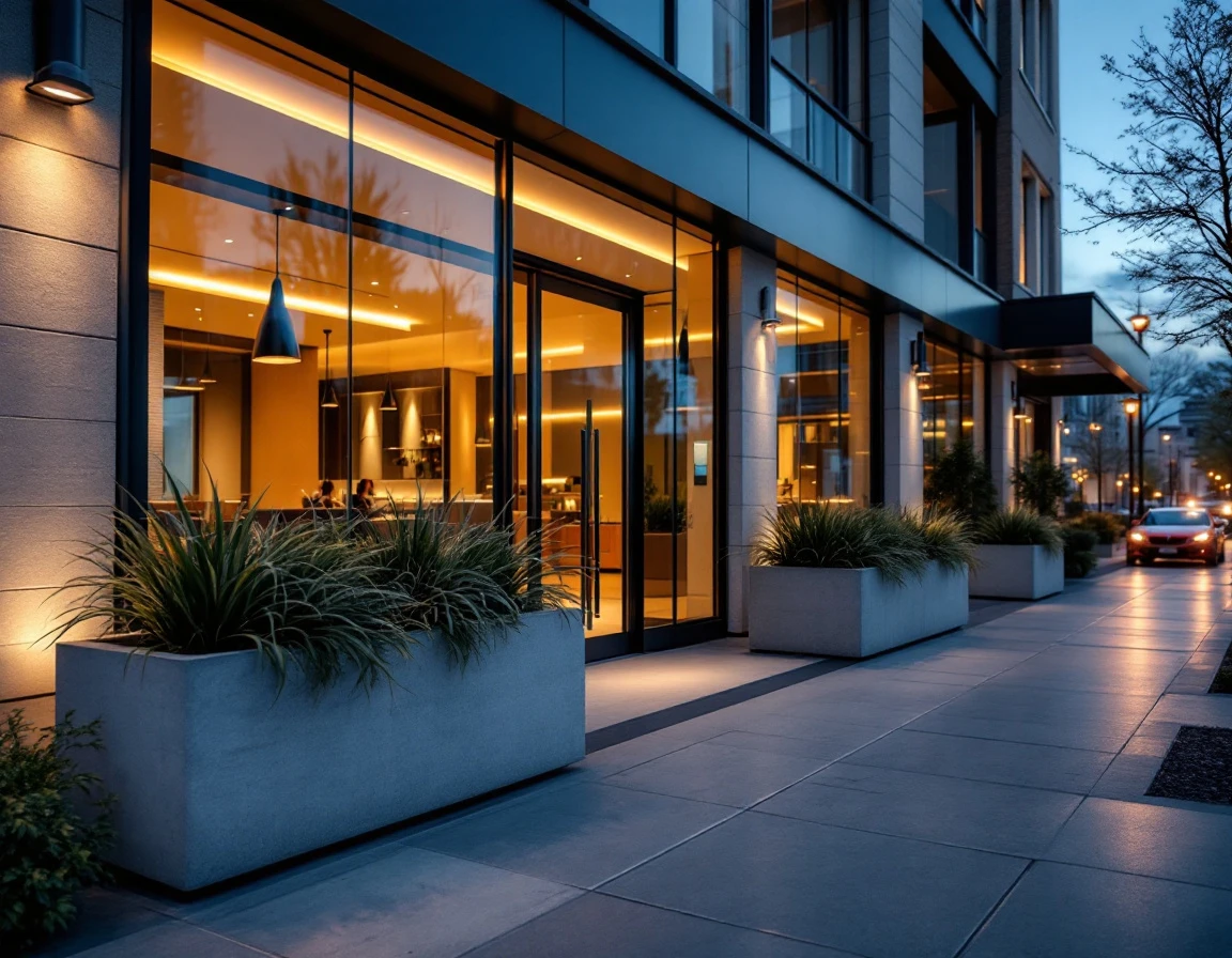 Modern commercial building entrance with glass facade and professional landscaping at dusk